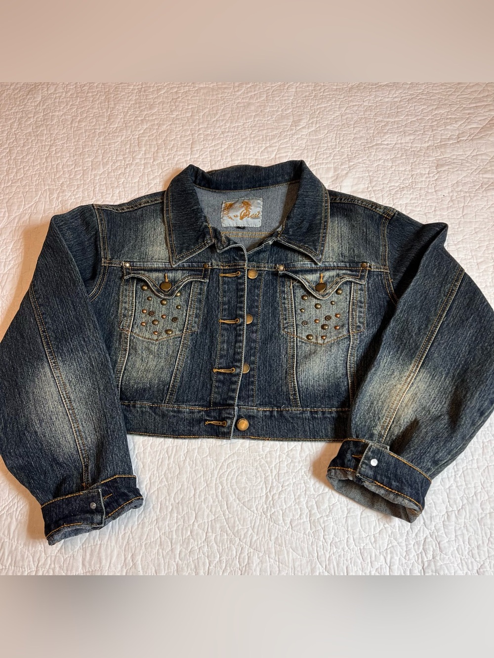 Women’s Vintage 90's Denim Crop Jacket Blazer Studded pockets size XL Likenew
